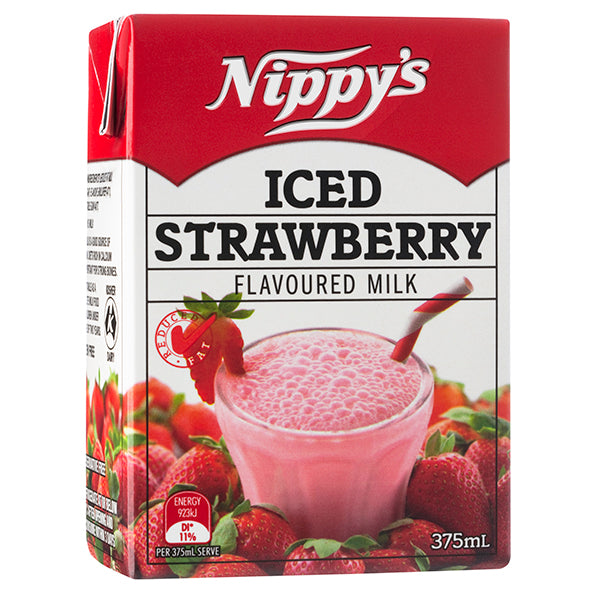 Nippy's iced strawberry flavoured milk carton with strawberries on a white background