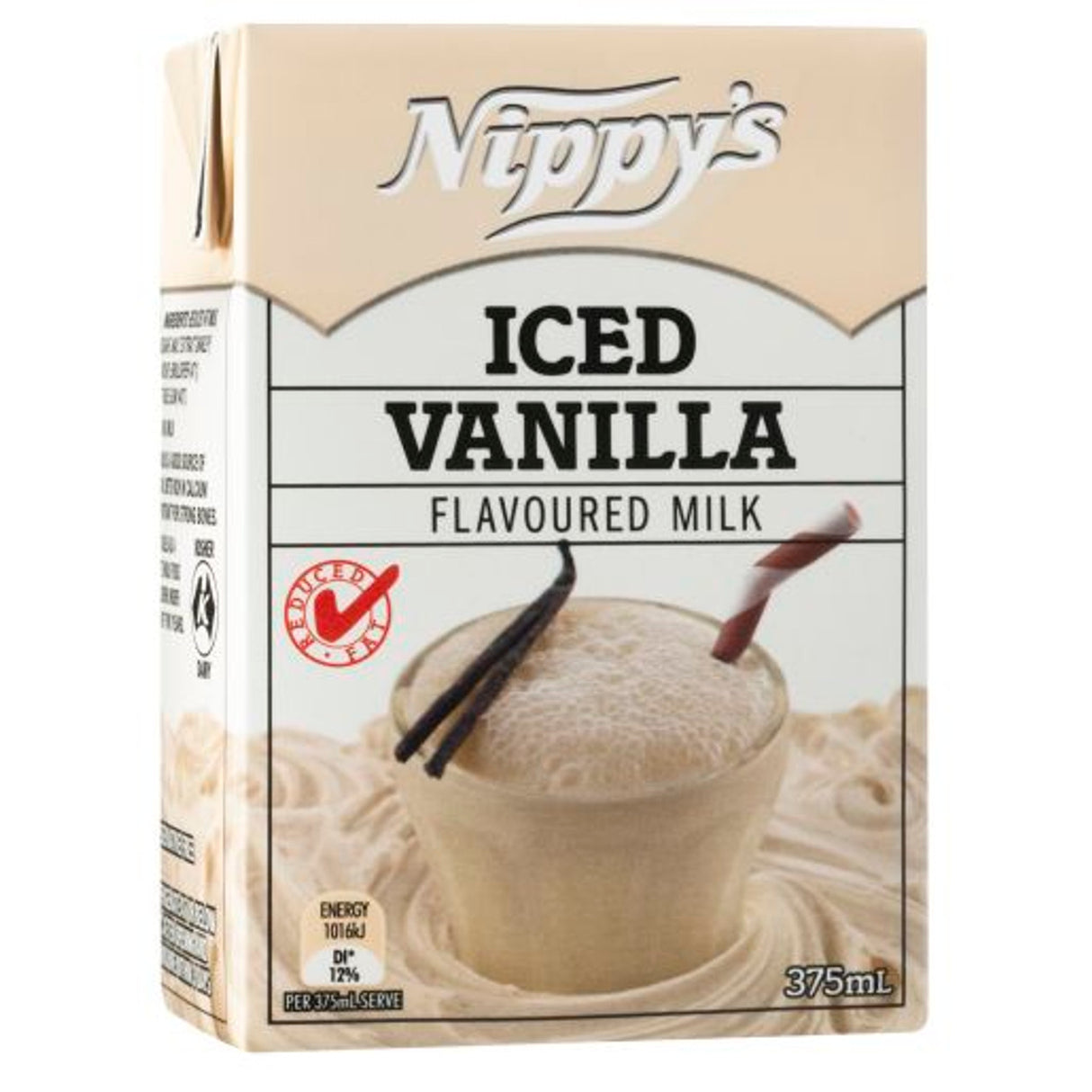 Nippy's iced vanilla flavored milk carton on a white background