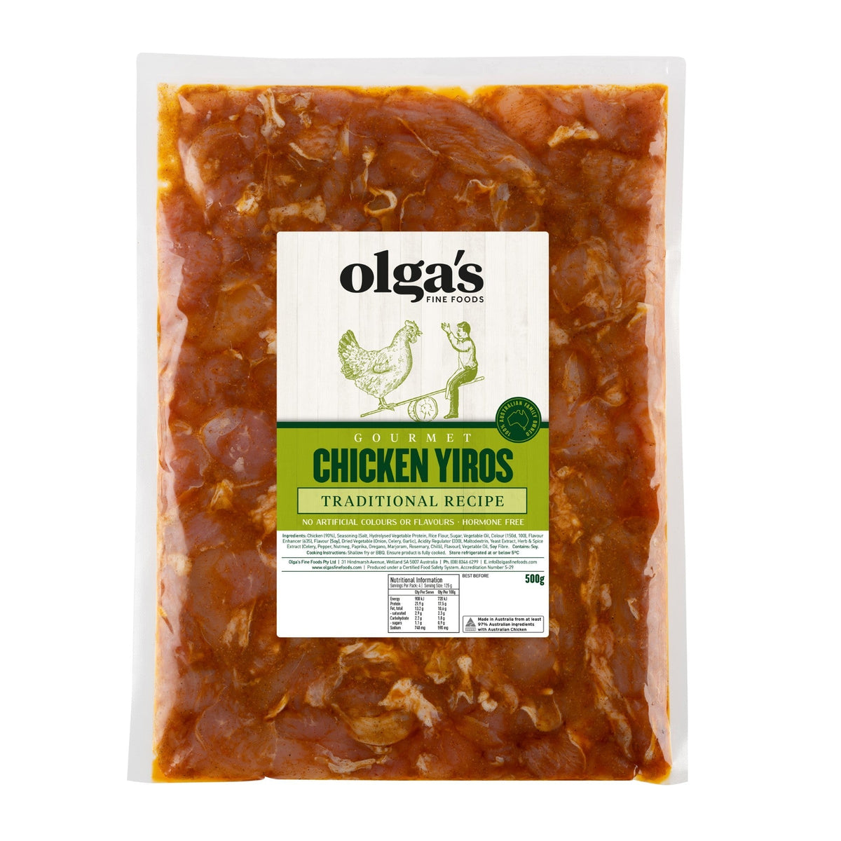 A 500g pack of Olga's Fine Foods Gourmet Chicken Yiros