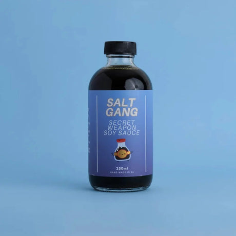 A 250ml glass bottle of Salt Gang Secret Weapon Soy Sauce