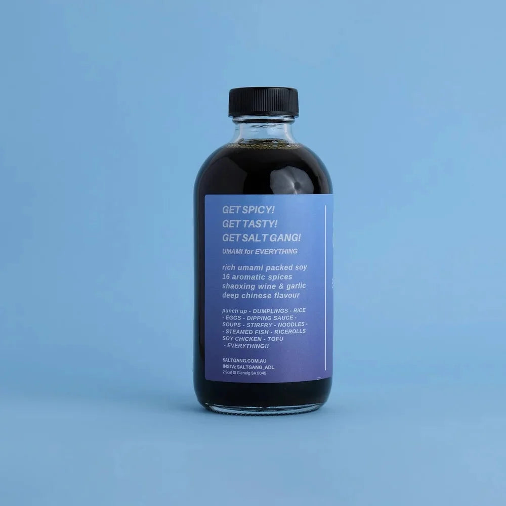 A 250ml glass bottle of Salt Gang Secret Weapon Soy Sauce