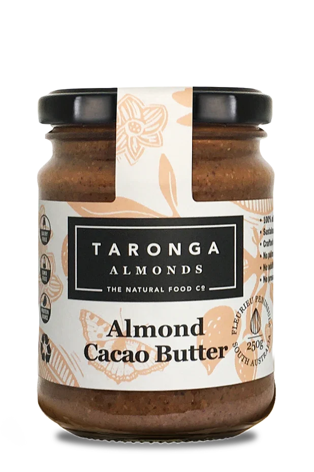 A 250g glass jar of Taronga Almonds Almond and Cacao Butter