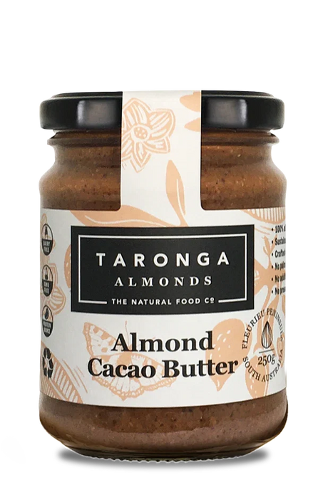 A 250g glass jar of Taronga Almonds Almond and Cacao Butter