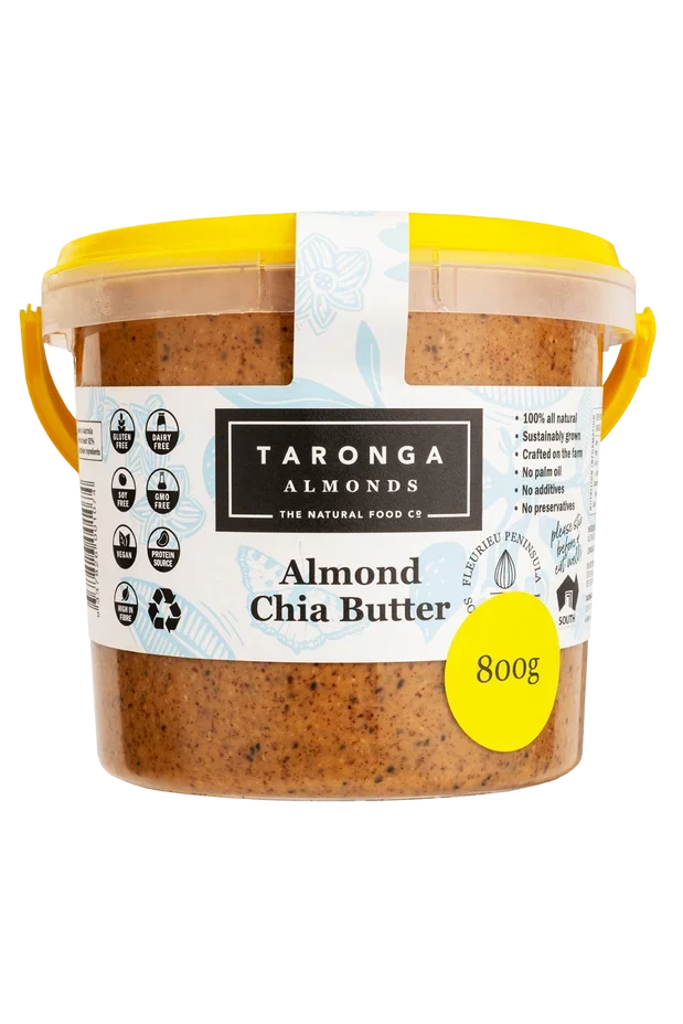 An 800g tub of Taronga Almonds Almond and Chia Butter