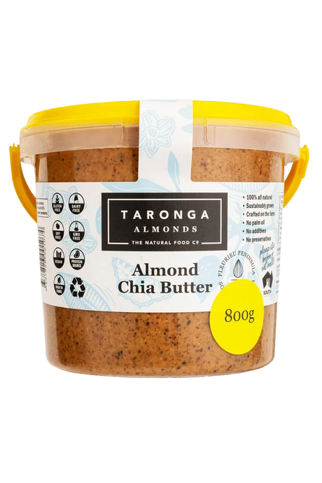 An 800g tub of Taronga Almonds Almond and Chia Butter