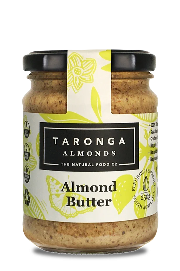 A 250g glass jar of Taronga Almonds Almond Butter
