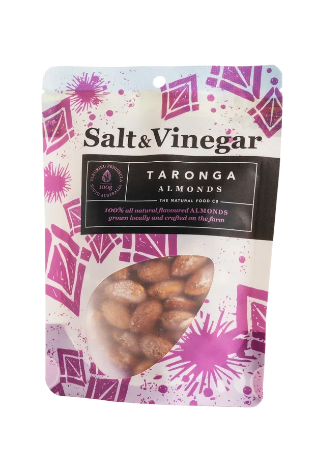 A 100g pack of Taronga Almonds Salt and Vinegar Almonds