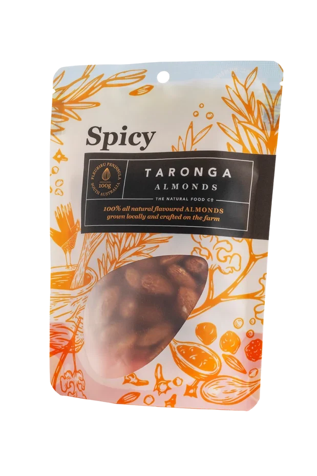 A 100g pack of Taronga Almonds Spicy Almonds