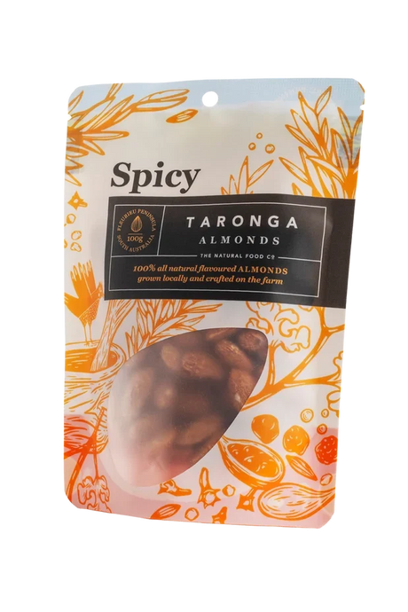 A 100g pack of Taronga Almonds Spicy Almonds