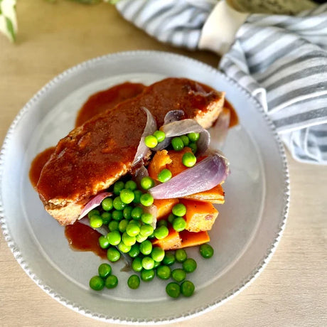A 380g serving of The Family Cook's Glazed Beef and Pork Meatloaf