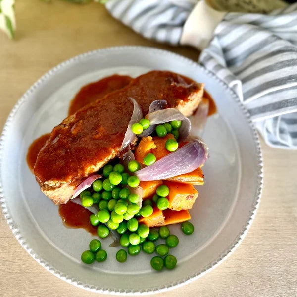 A 380g serving of The Family Cook's Glazed Beef and Pork Meatloaf