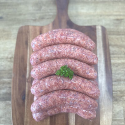 A 500g serve of The Local Meat Glenelg Award Winning Lamb, Honey and Rosemary Sausages