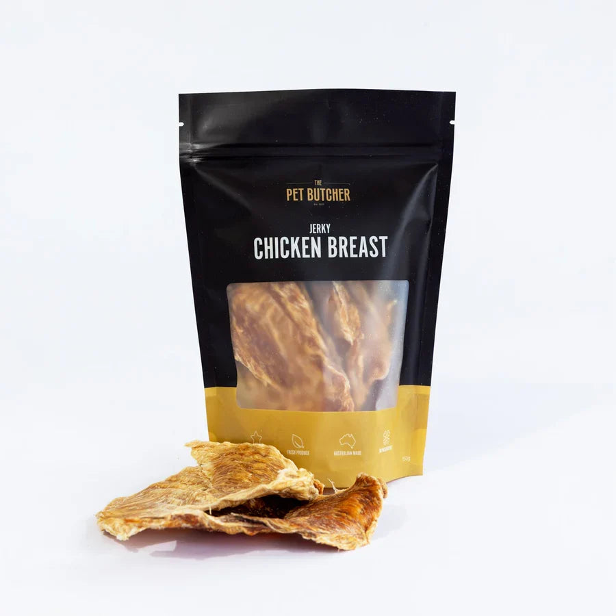 A 100g pack of The Pet Butcher Chicken Breast Jerky