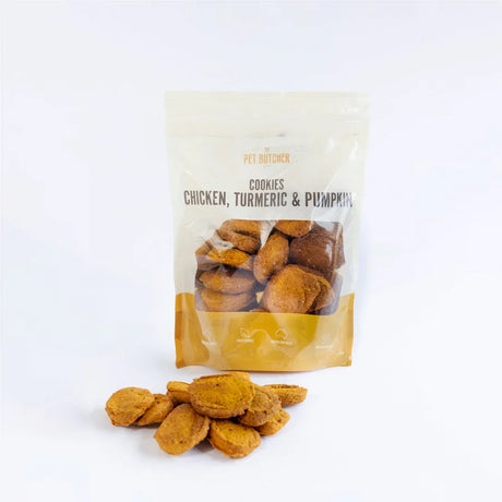 A 400g pack of The Pet Butcher Chicken Turmeric and Pumpkin Dog Cookies