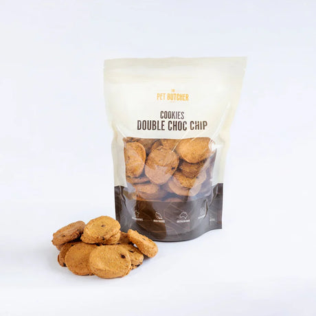 A 400g pack of The Pet Butcher Double Choc Chip Dog Cookies