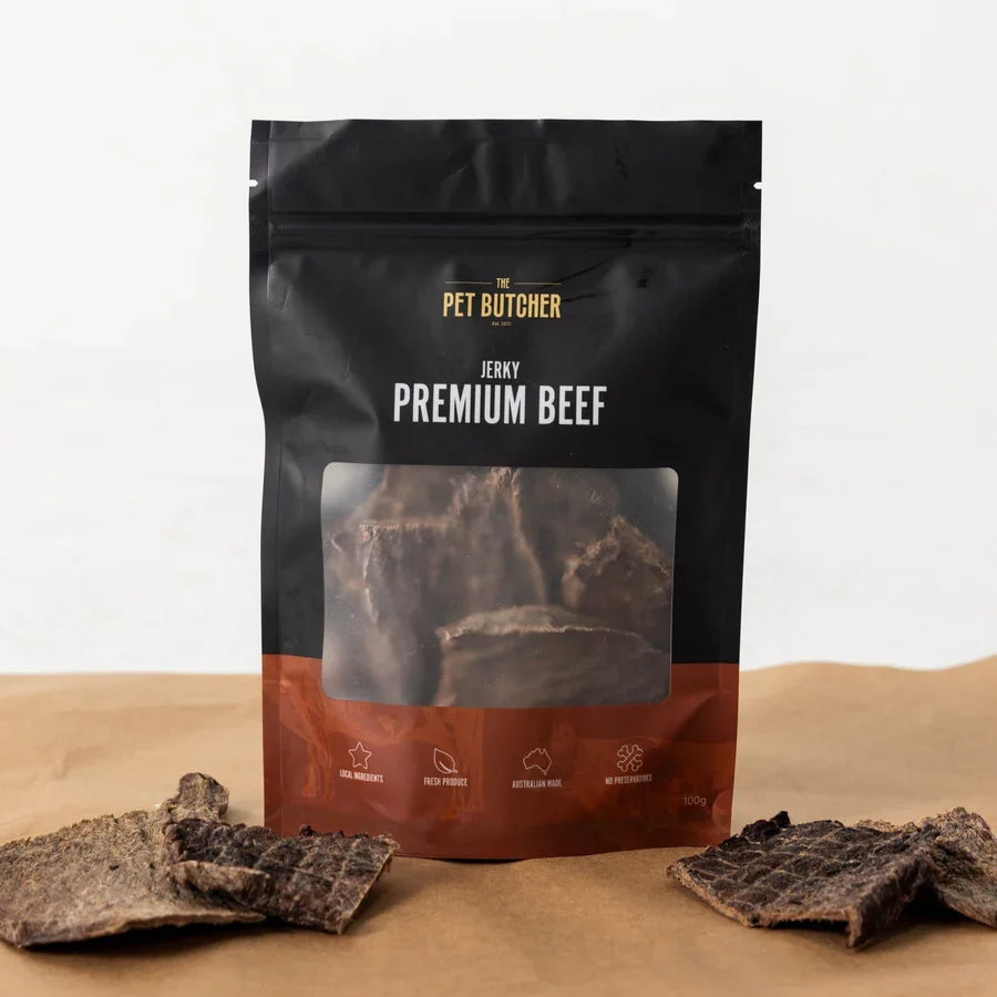 A 100g pack of The Pet Butcher Premium Beef Jerky
