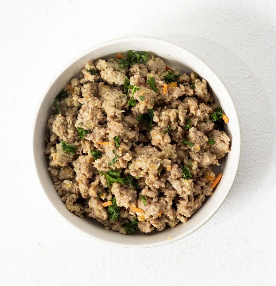 A 500g serve of The Pet Butcher Turkey and Seasonal Veggies Meal