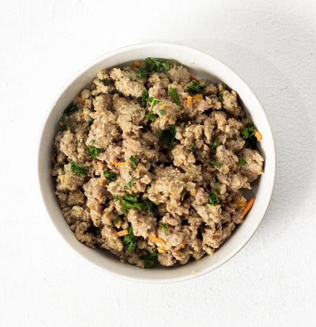 A 500g serve of The Pet Butcher Turkey and Seasonal Veggies Meal