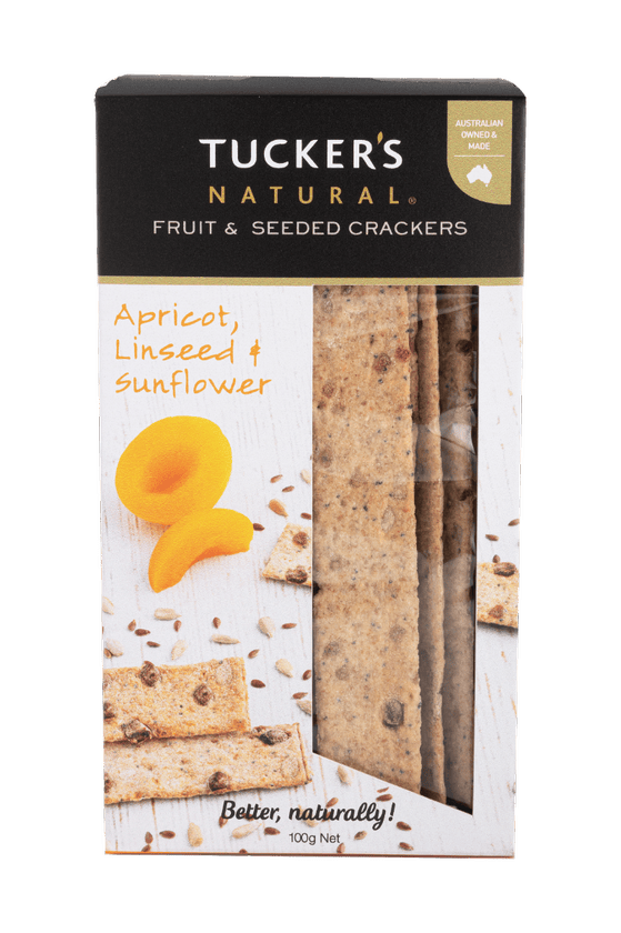 A 100g box of Tucker's Natural Apricot, Linseed and Sunflower Fruit and Seeded Crackers