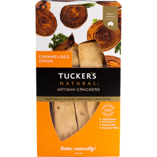 A 100g box of Tucker's Natural Caramelised Onion Artisan Crackers