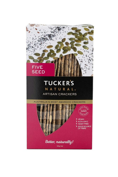 A 100g box of Tucker's Natural Five Seed Artisan Crackers