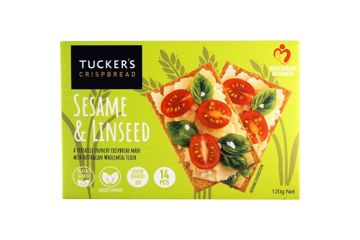 A 120g box of Tucker's Natural Sesame and Linseed Crispbreads
