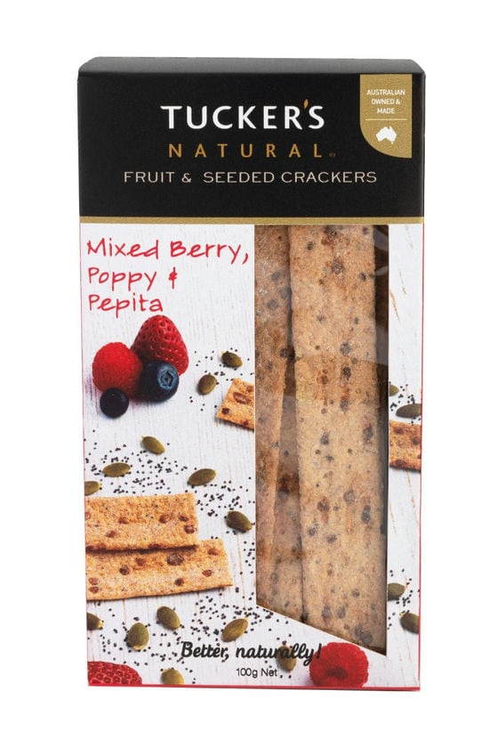 A 100g box of Tucker's Natural Mixed Berry, Poppy and Pepita Fruit and Seeded Crackers