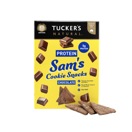 A 60g box of Tucker's Natural Sam's Chocolate Protein Cookie Snacks