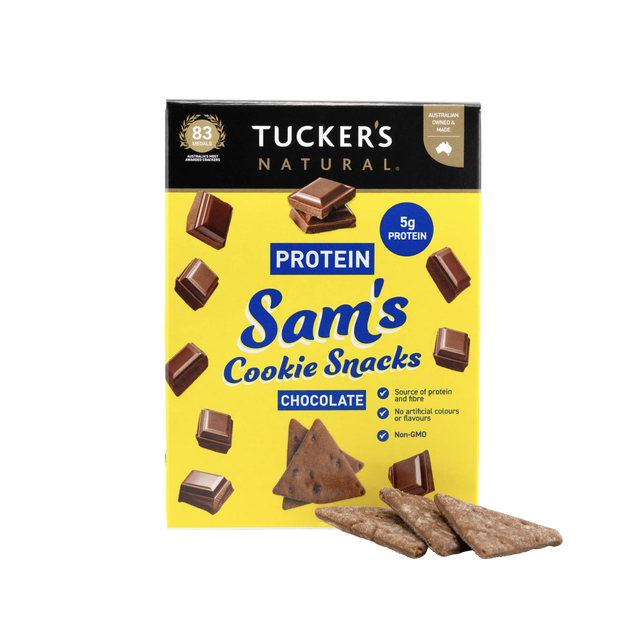 A 60g box of Tucker's Natural Sam's Chocolate Protein Cookie Snacks
