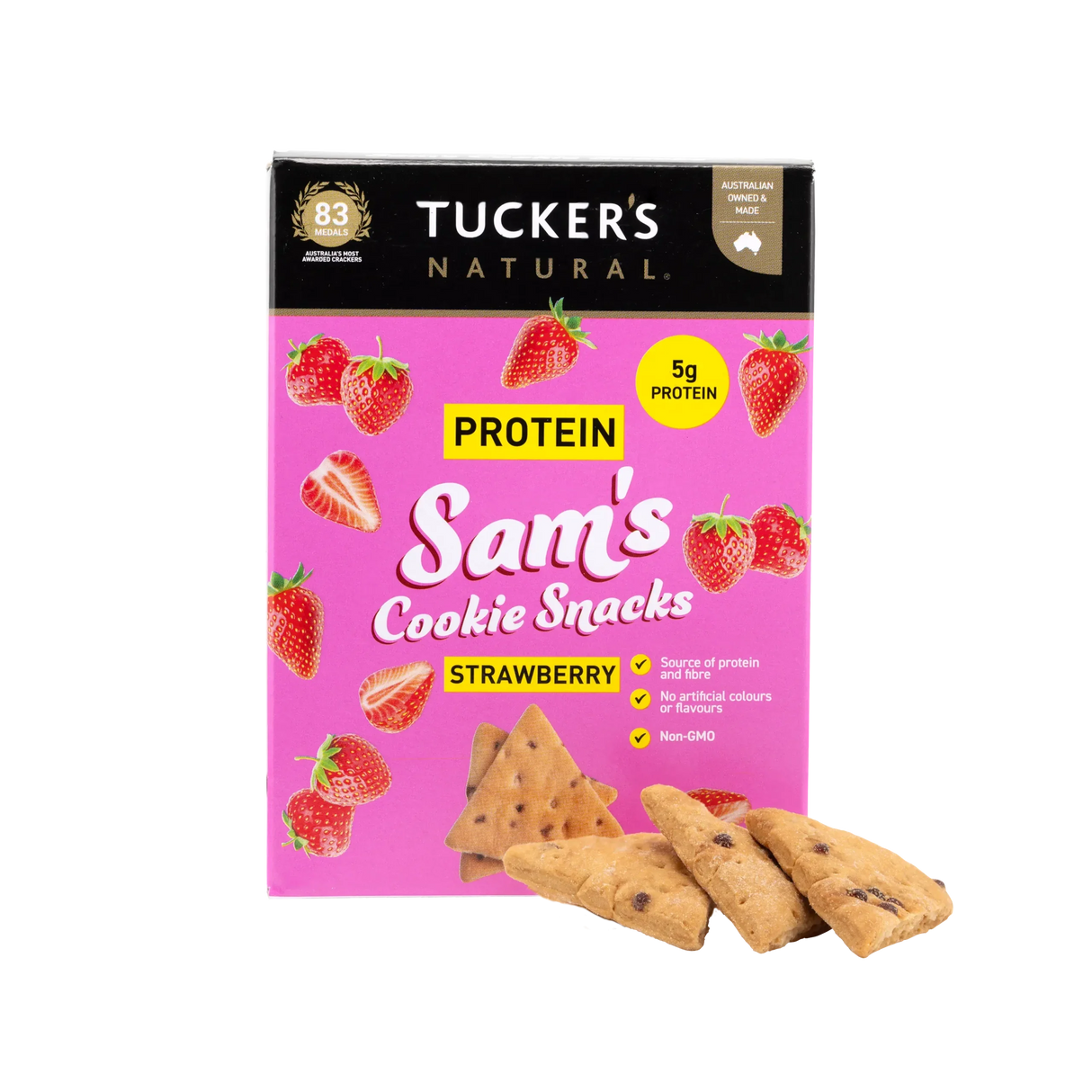 A 60g box of Tucker's Natural Sam's Strawberry Cookie Snacks