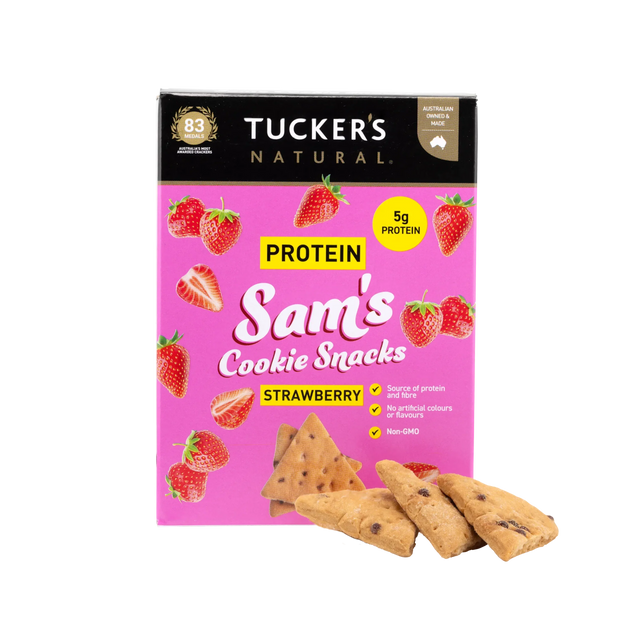 A 60g box of Tucker's Natural Sam's Strawberry Cookie Snacks