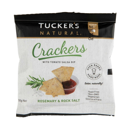 A 50g pack of Tucker's natural Rosemary and Rock Salt Snack Crackers with Dip