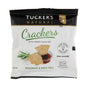A 50g pack of Tucker's natural Rosemary and Rock Salt Snack Crackers with Dip