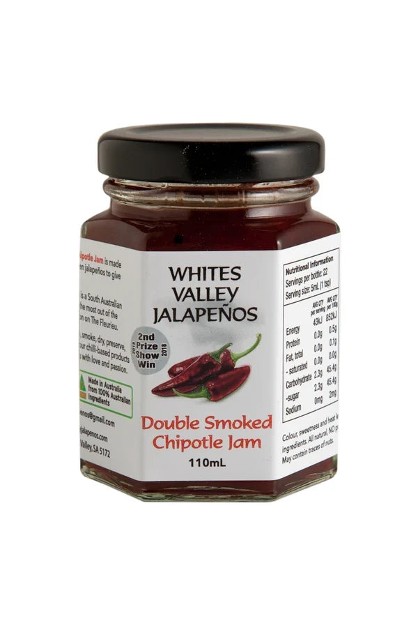 A 170g jar of Whites Valley Jalapenos Double Smoked Chipotle Jam
