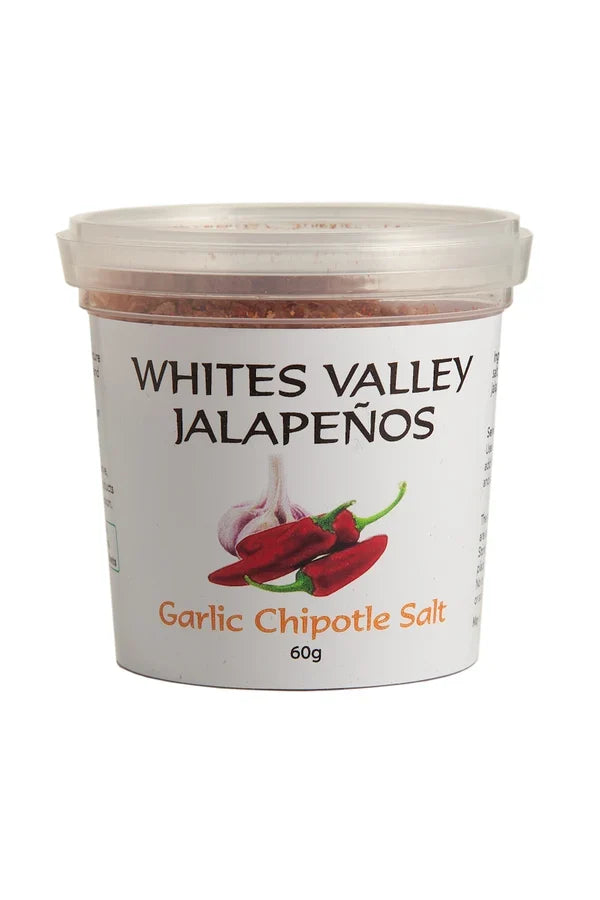 A 50g tub of Whites Valley Jalapenos Garlic Chipotle Salt