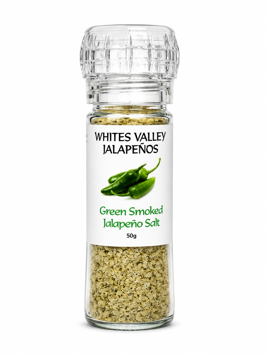 A 50g shaker of Whites Valley Jalapenos Green Smoked Jalapeno Salt
