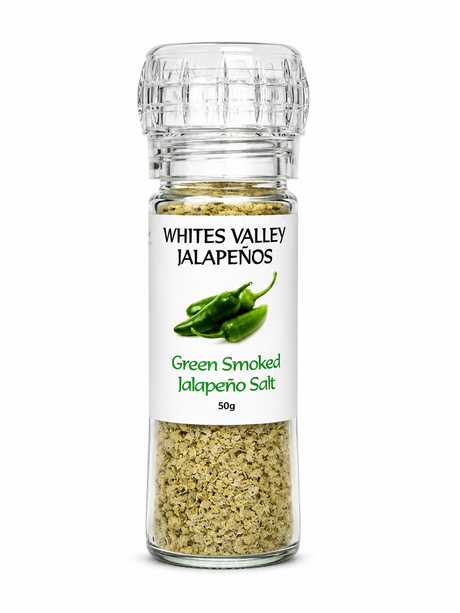 A 50g shaker of Whites Valley Jalapenos Green Smoked Jalapeno Salt