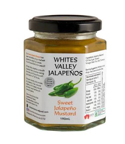 A 190g jar of Whites Valley Jalapenos Sweet Jalapeno Mustard