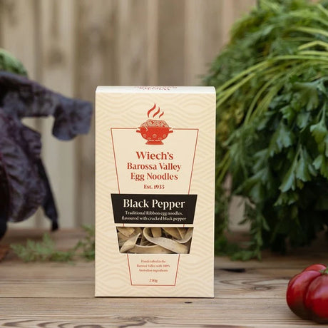 A 250g box of Wiech's Barossa Valley Egg Noodles Black Pepper Noodles