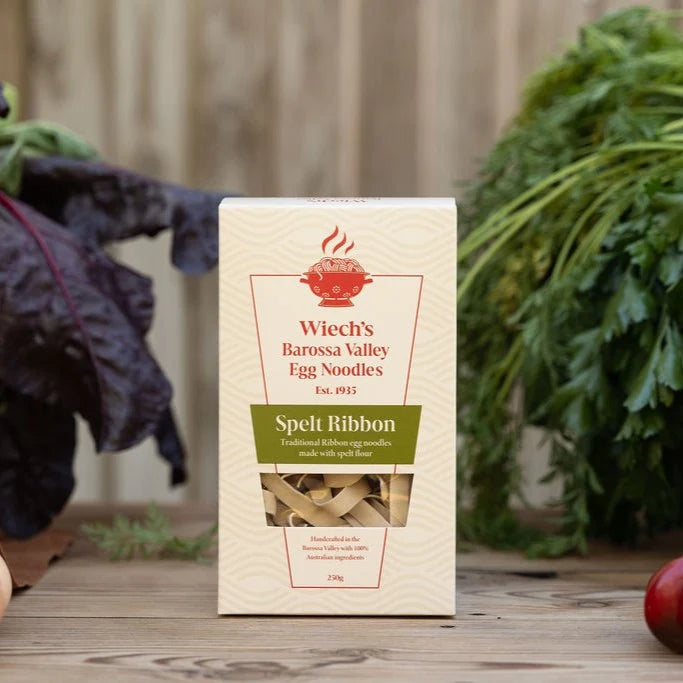 A 250g box of Wiech's Barossa Valley Egg Noodles Spelt Ribbon Egg Noodles